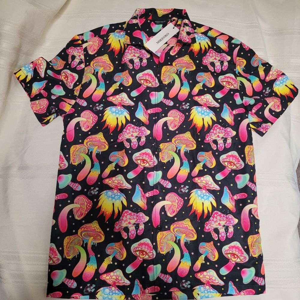 Mikenko Men's Shirt Sz S Colorful Hawaiian Mushroom Psychedelic  Shrooms NWT